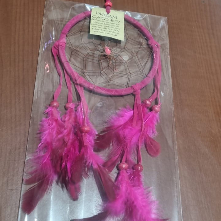 Colorful handmade cotton dreamcatcher with feathers, 12cm diameter, for wall decor