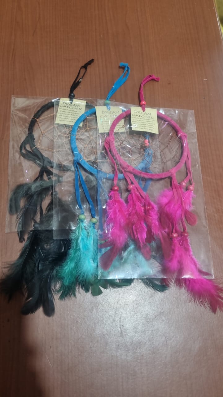 Colorful handmade cotton dreamcatcher with feathers, 12cm diameter, for wall decor
