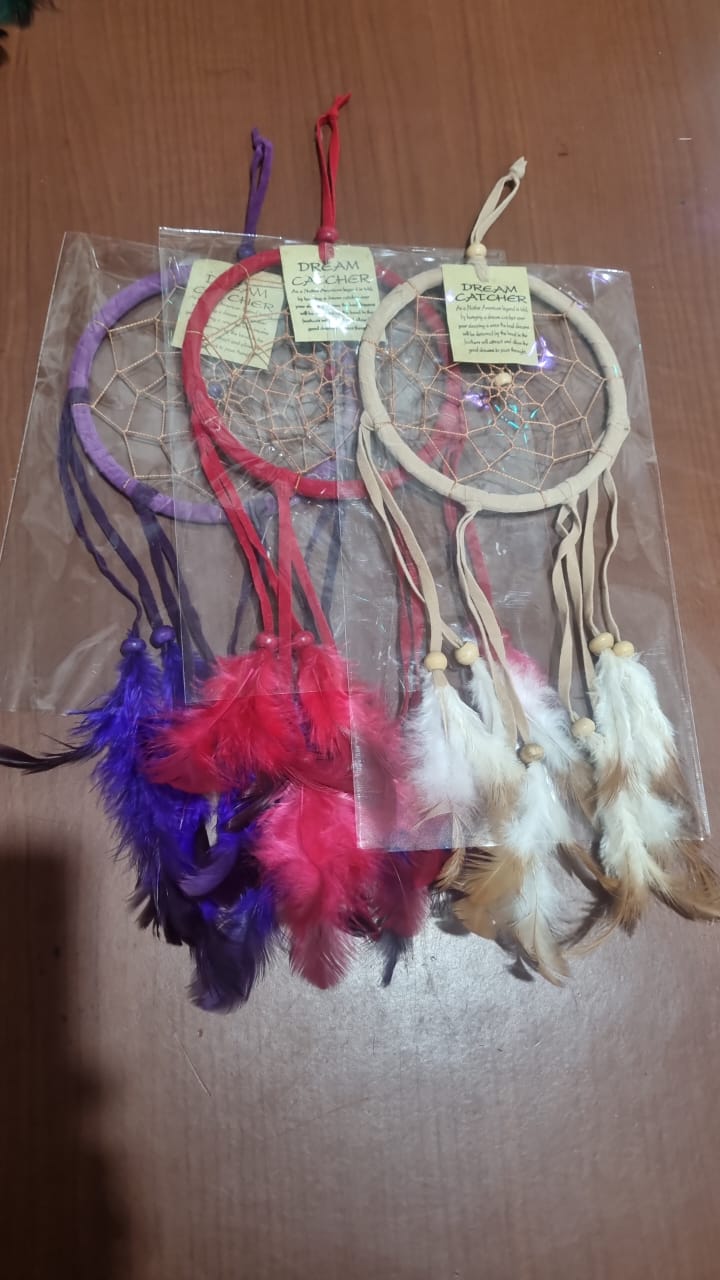 Colorful handmade cotton dreamcatcher with feathers, 12cm diameter, for wall decor