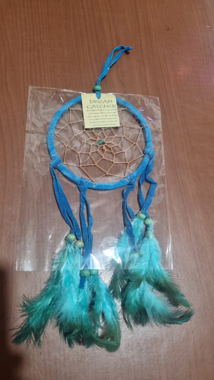 Colorful handmade cotton dreamcatcher with feathers, 12cm diameter, for wall decor