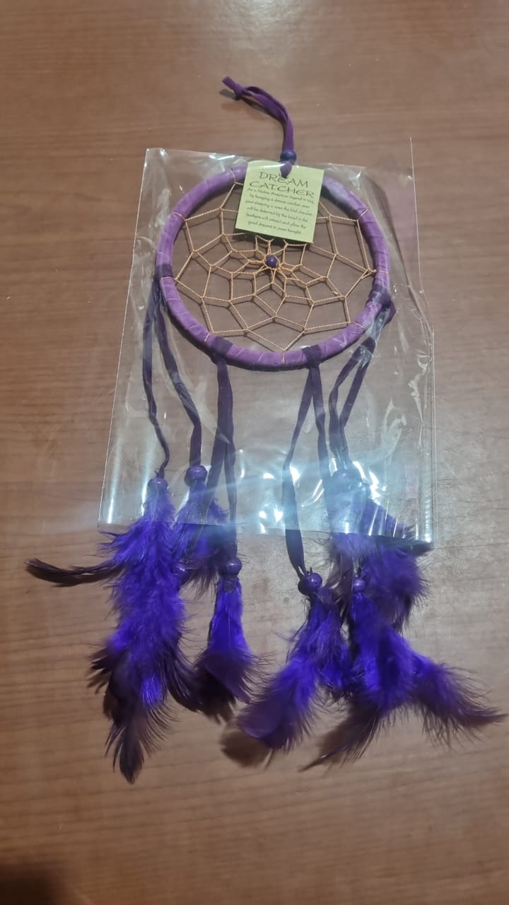 Colorful handmade cotton dreamcatcher with feathers, 12cm diameter, for wall decor