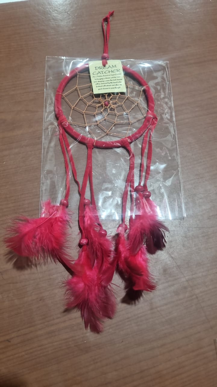 Colorful handmade cotton dreamcatcher with feathers, 12cm diameter, for wall decor