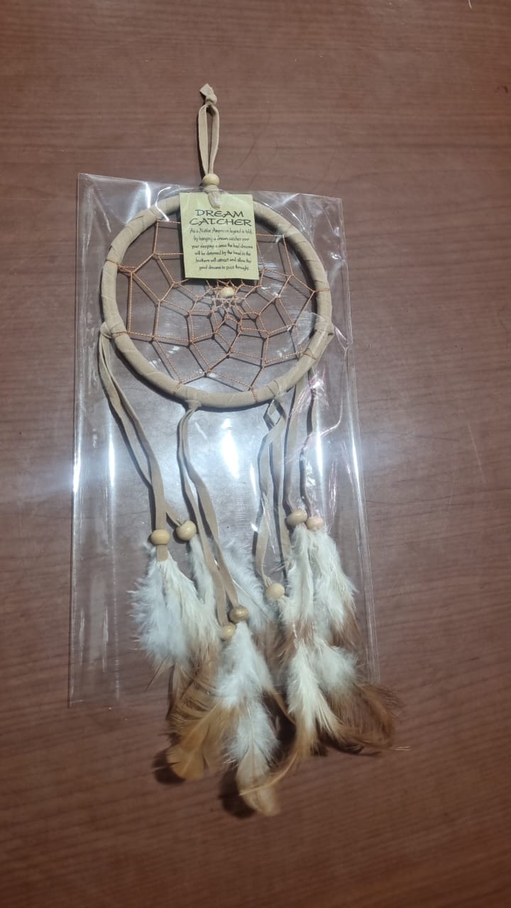 Colorful handmade cotton dreamcatcher with feathers, 12cm diameter, for wall decor