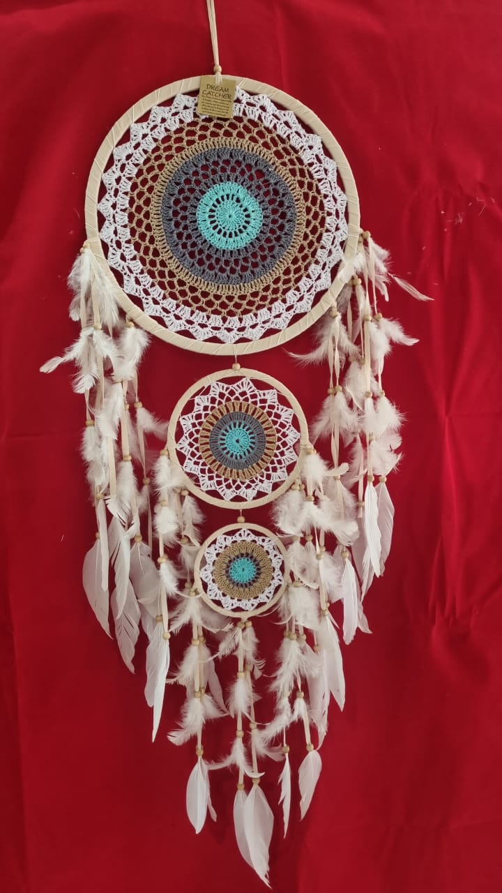 Handmade triple ring crochet dreamcatcher with white feathers and wooden beads, largest hoop 32 cm (12.6"), boho wall décor