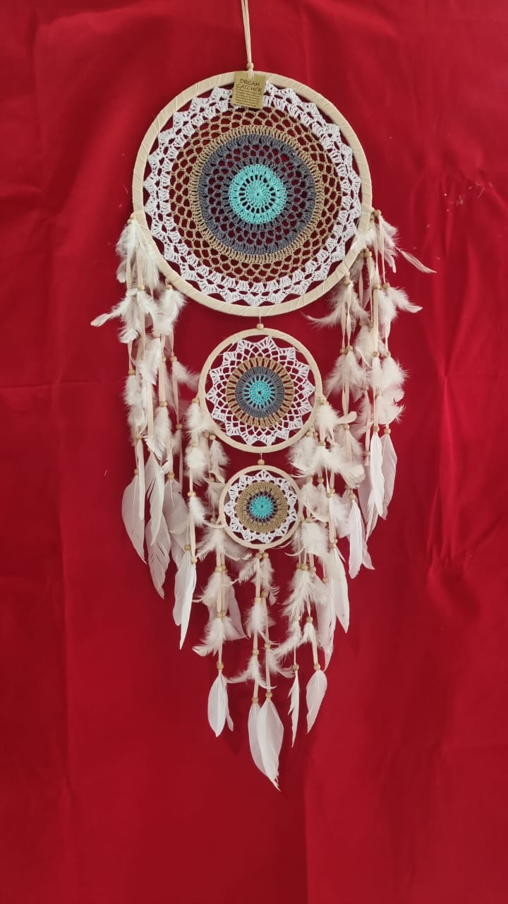 Handmade triple ring crochet dreamcatcher with white feathers and wooden beads, largest hoop 32 cm (12.6"), boho wall décor