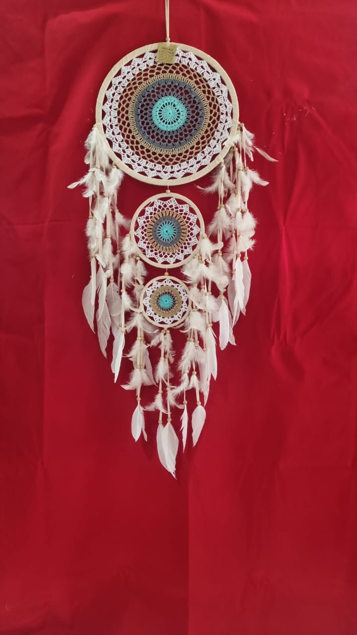 Handmade triple ring crochet dreamcatcher with white feathers and wooden beads, largest hoop 32 cm (12.6"), boho wall décor