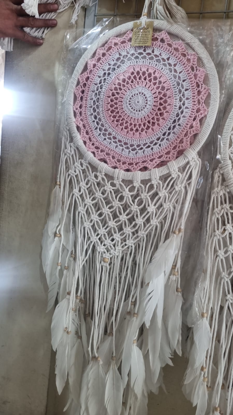 32cm handmade macrame dreamcatcher with cotton crochet center and long feather fringe – bohemian wall decor for modern spaces