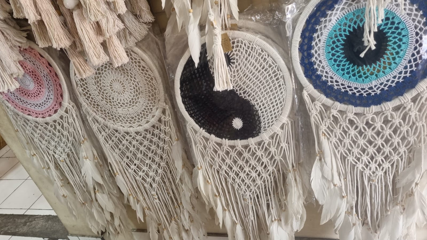 32cm handmade macrame dreamcatcher with cotton crochet center and long feather fringe – bohemian wall decor for modern spaces