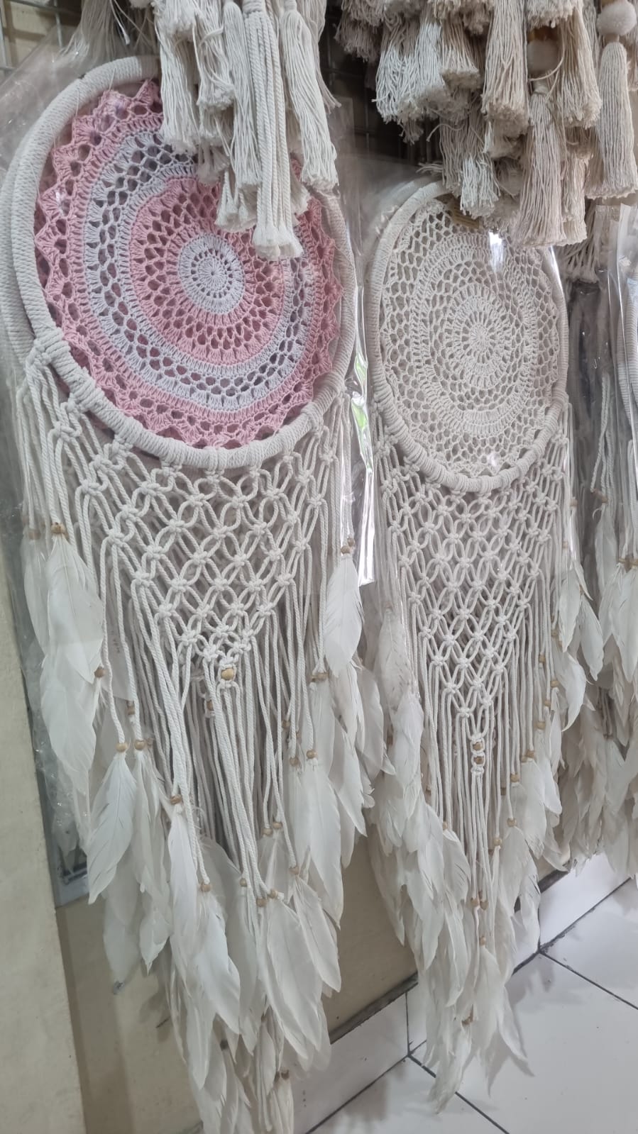 32cm handmade macrame dreamcatcher with cotton crochet center and long feather fringe – bohemian wall decor for modern spaces