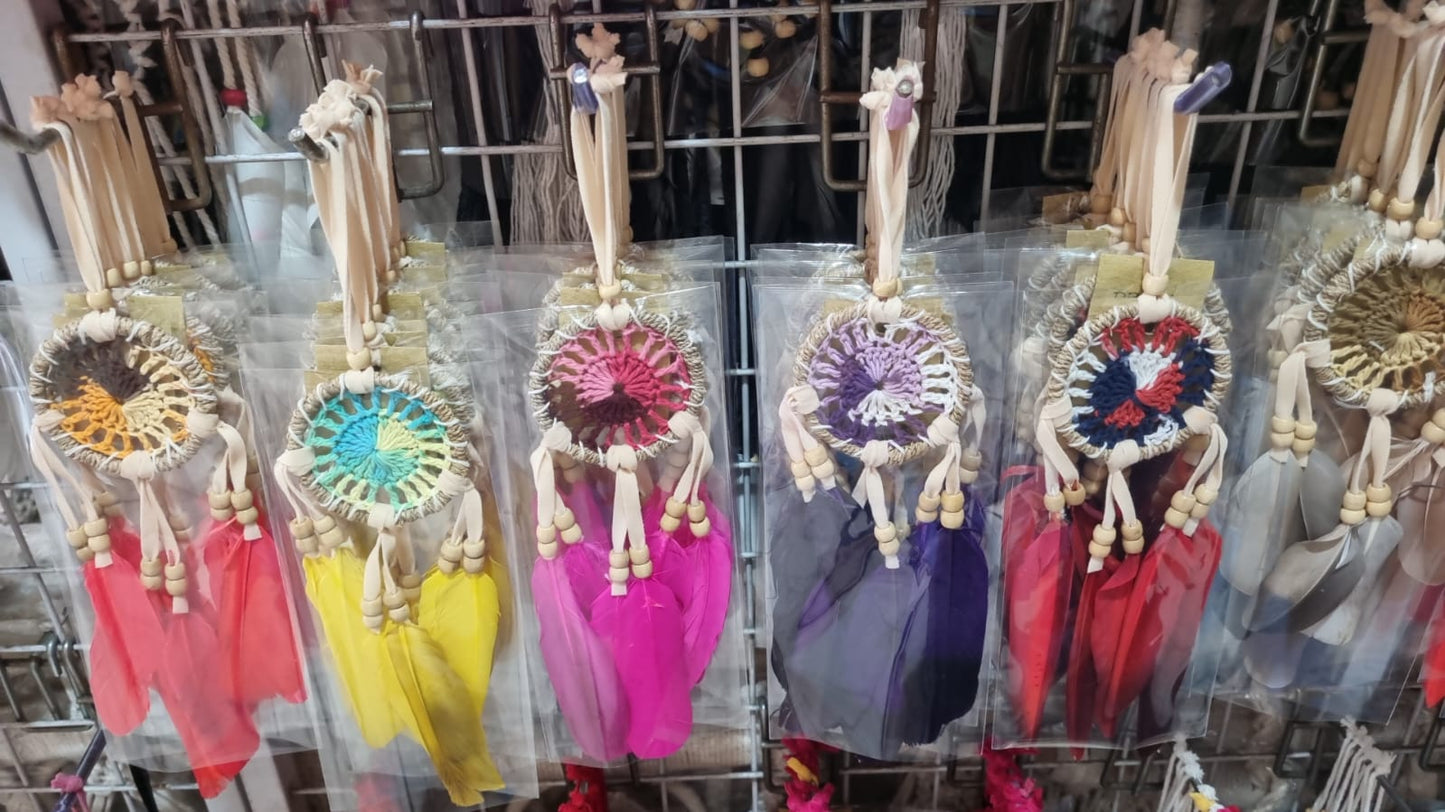 Small handmade agel dreamcatcher 6cm with natural wood beads and colorful feathers.