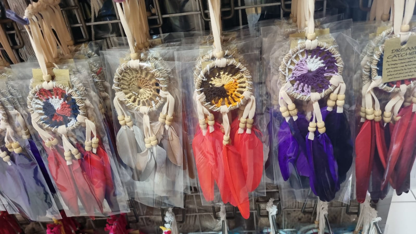 Small handmade agel dreamcatcher 6cm with natural wood beads and colorful feathers.