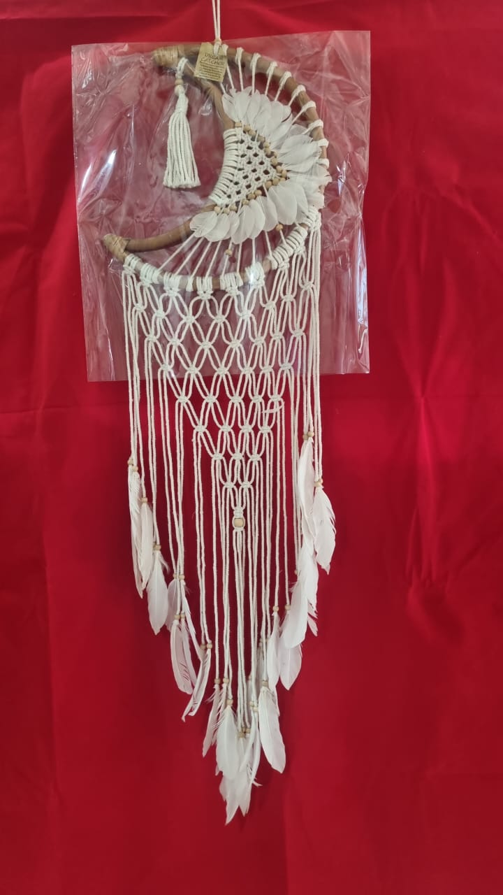 32 cm (12.6") moon-shaped rattan and cotton macrame dreamcatcher with fringe for bohemian wall décor
