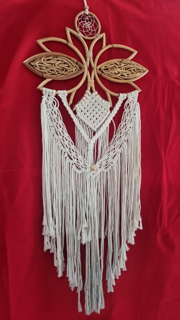 Large handmade rattan and cotton macrame dreamcatcher, 35 cm (13.7") diameter, floral frame with fringe for boho wall décor