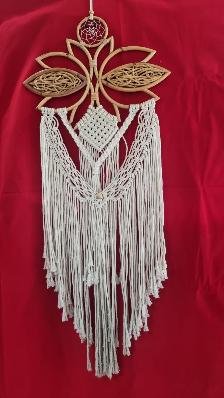 Large handmade rattan and cotton macrame dreamcatcher, 35 cm (13.7") diameter, floral frame with fringe for boho wall décor