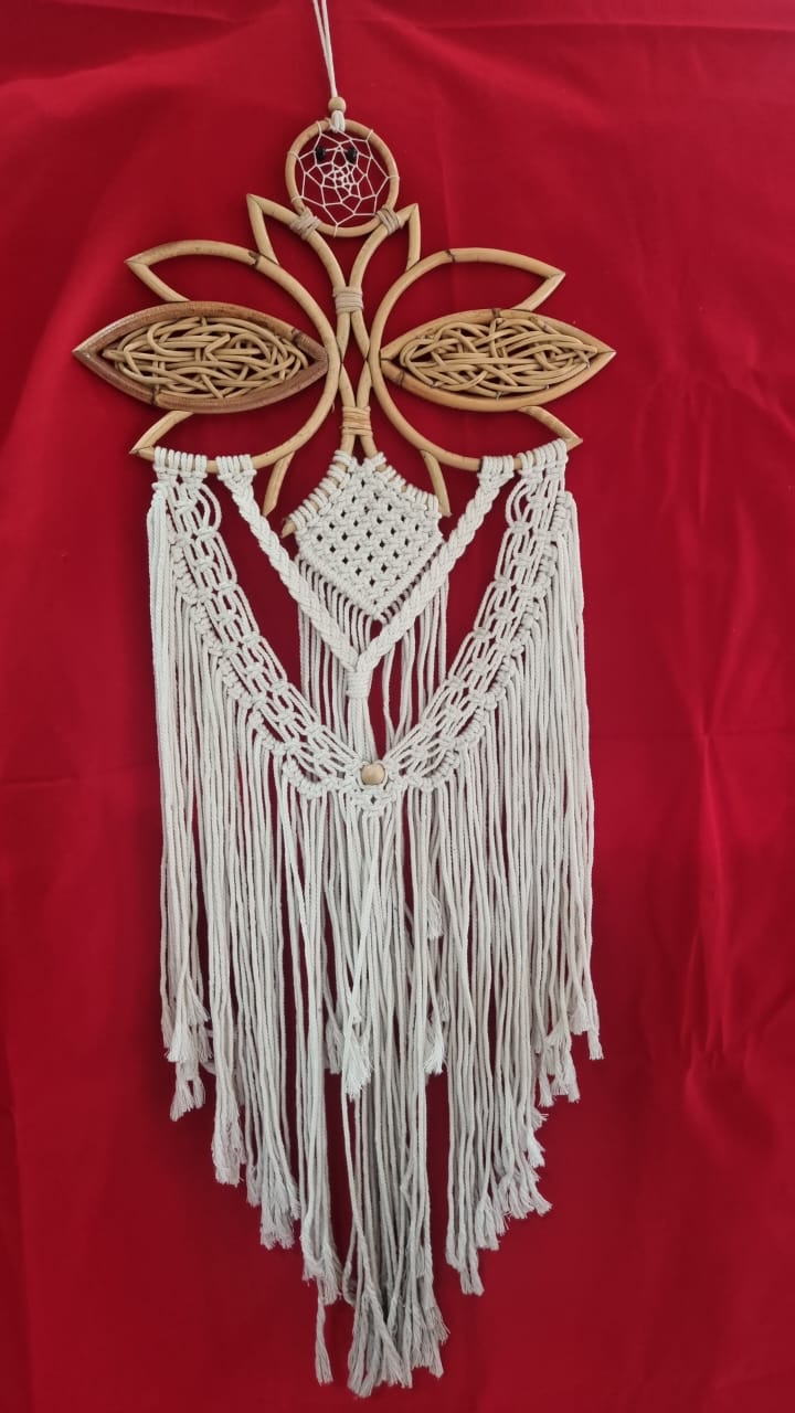Large handmade rattan and cotton macrame dreamcatcher, 35 cm (13.7") diameter, floral frame with fringe for boho wall décor