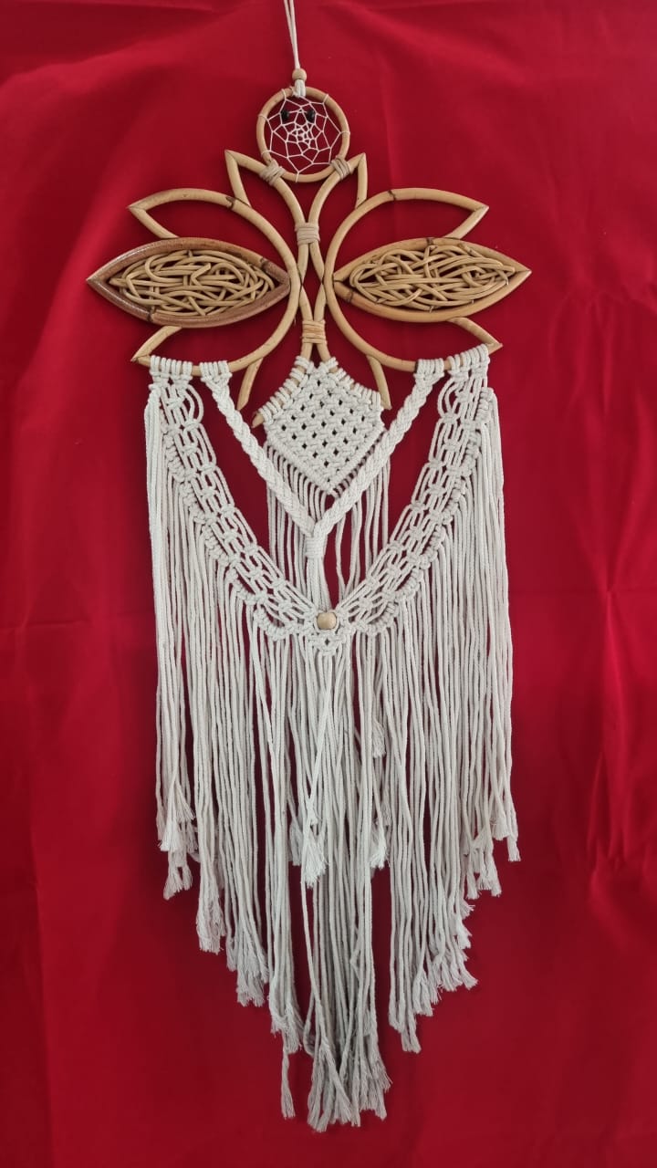 Large handmade rattan and cotton macrame dreamcatcher, 35 cm (13.7") diameter, floral frame with fringe for boho wall décor