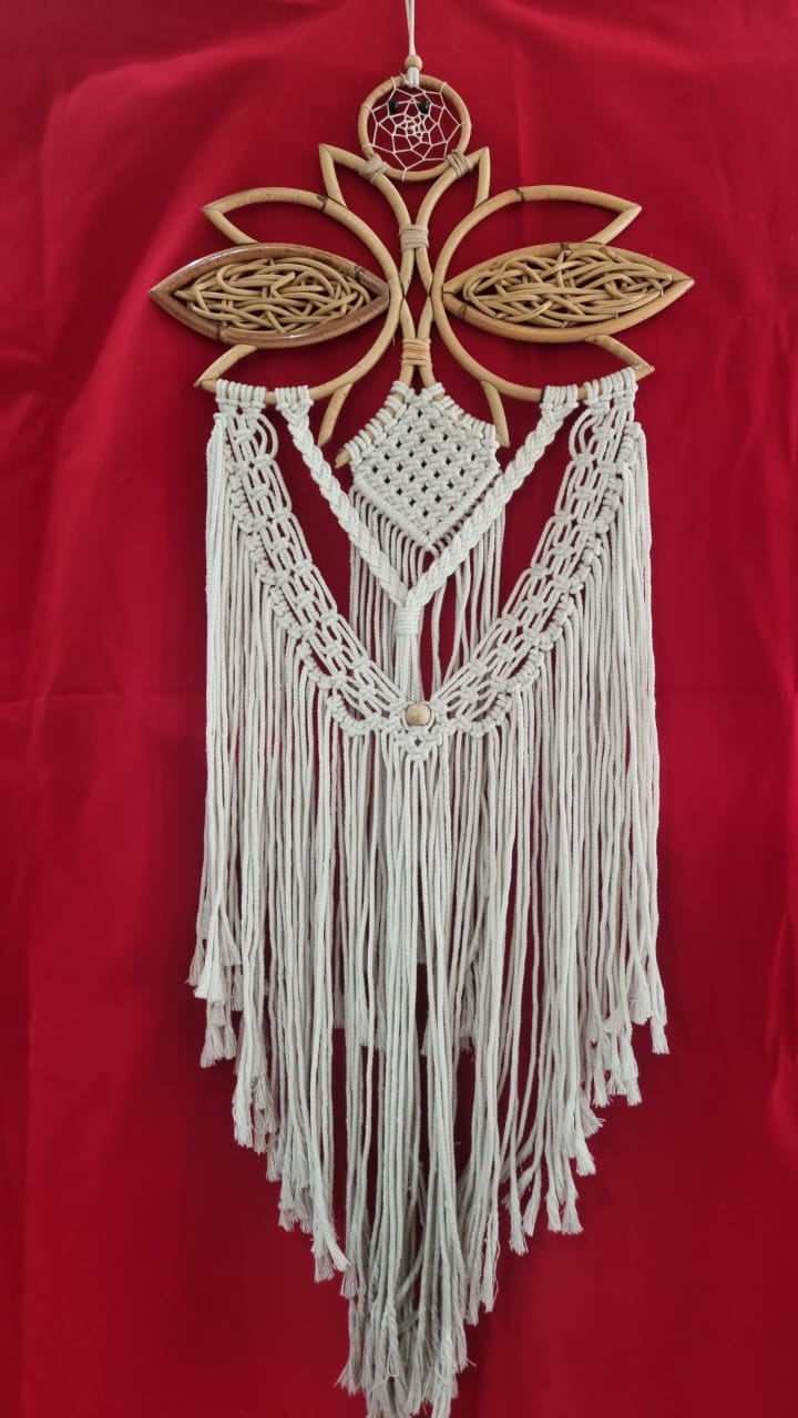 Large handmade rattan and cotton macrame dreamcatcher, 35 cm (13.7") diameter, floral frame with fringe for boho wall décor