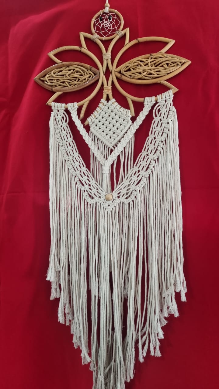 Large handmade rattan and cotton macrame dreamcatcher, 35 cm (13.7") diameter, floral frame with fringe for boho wall décor