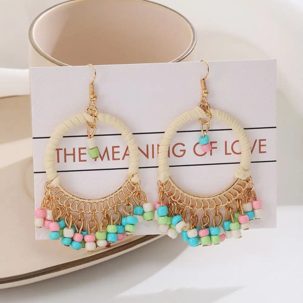 Ethnic Boho Round Earrings – Retro Geometric Beaded Fringe Jewelry