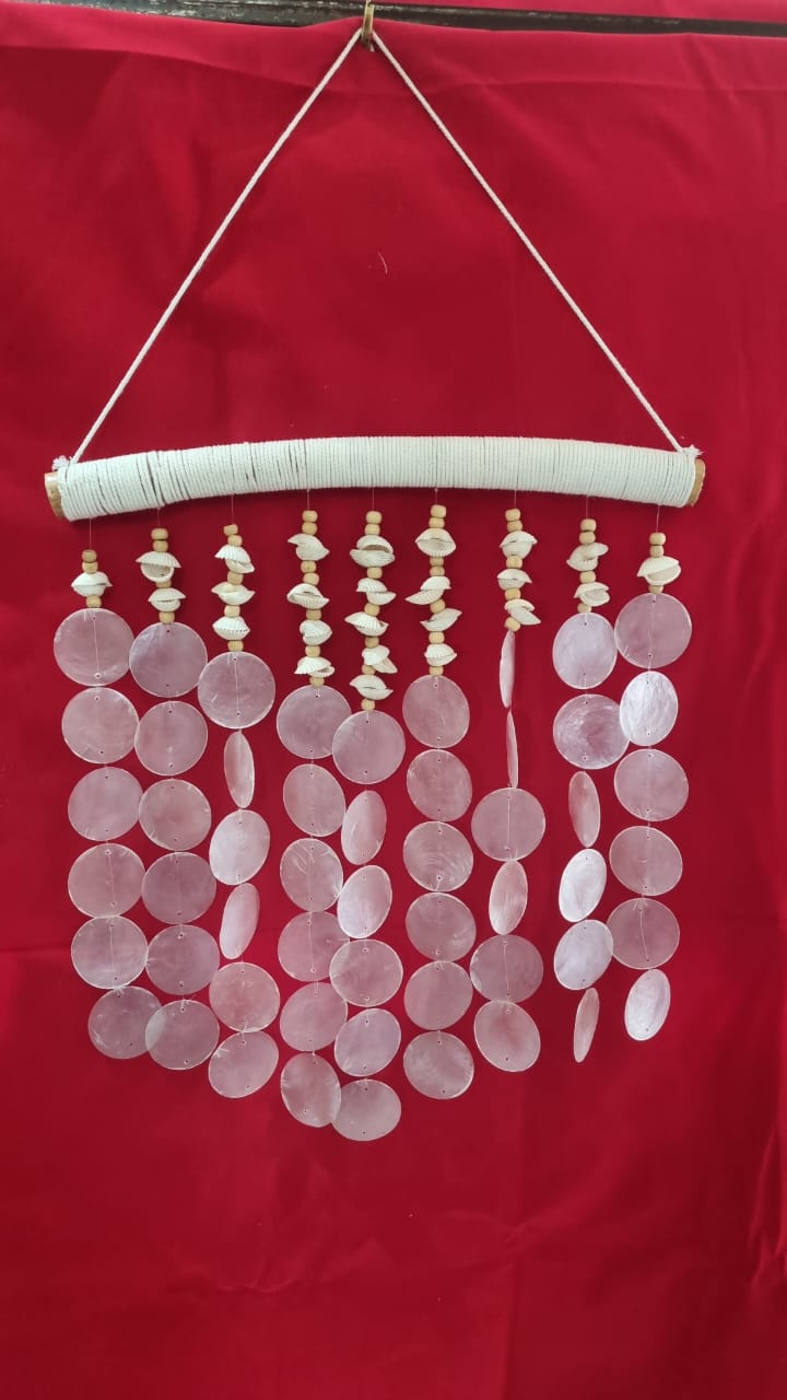 Large handmade seashell wall hanging, 40cm, crafted from capiz shells, wooden beads, and sea shells for coastal boho home décor.