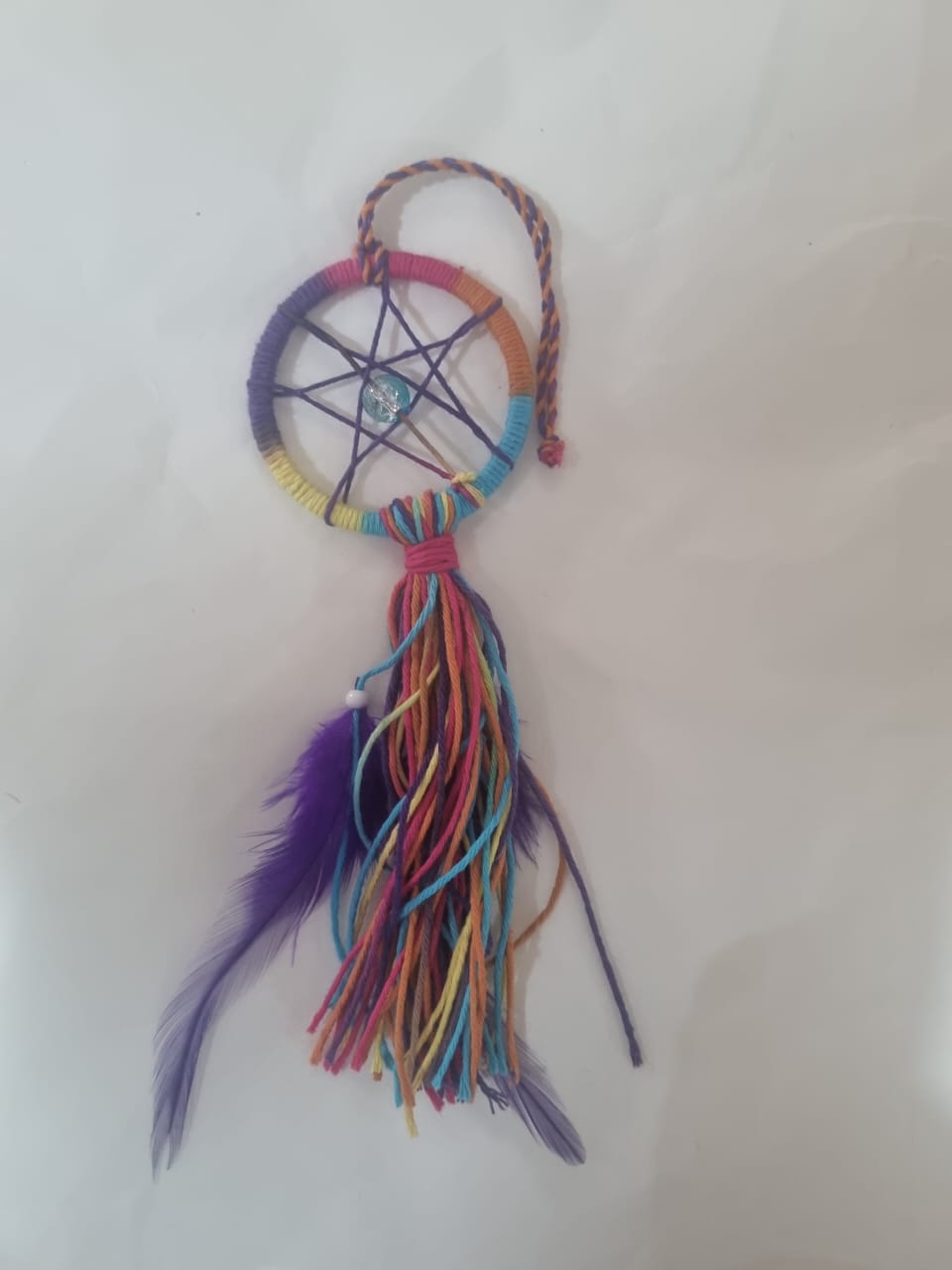 Handmade mini boho dreamcatcher keychain with colorful feathers and beads, cotton 3cm ring