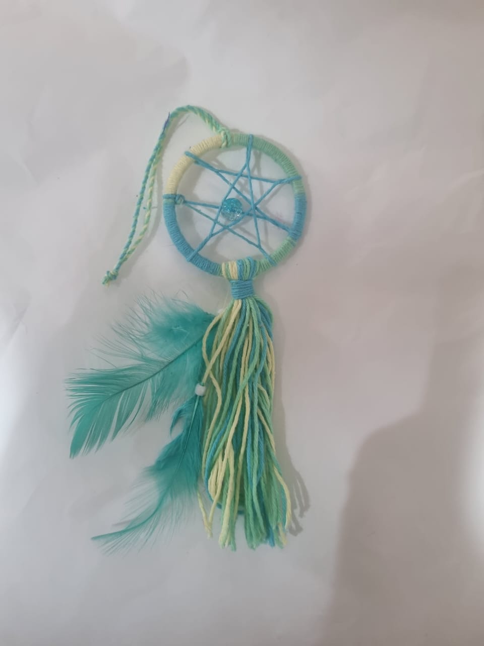 Handmade mini boho dreamcatcher keychain with colorful feathers and beads, cotton 3cm ring