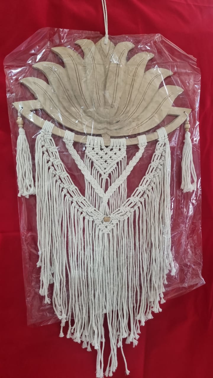 Artisan macrame wall hanging with carved wooden lotus frame, 40cm (15.75"), handmade boho décor for wholesale and custom bulk orders