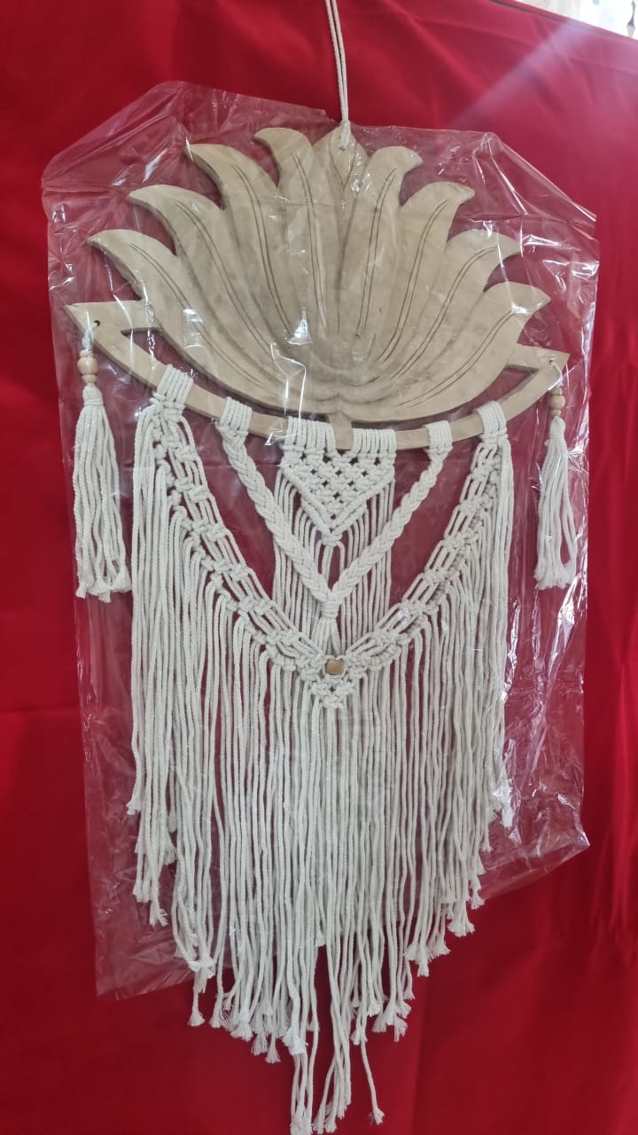 Artisan macrame wall hanging with carved wooden lotus frame, 40cm (15.75"), handmade boho décor for wholesale and custom bulk orders