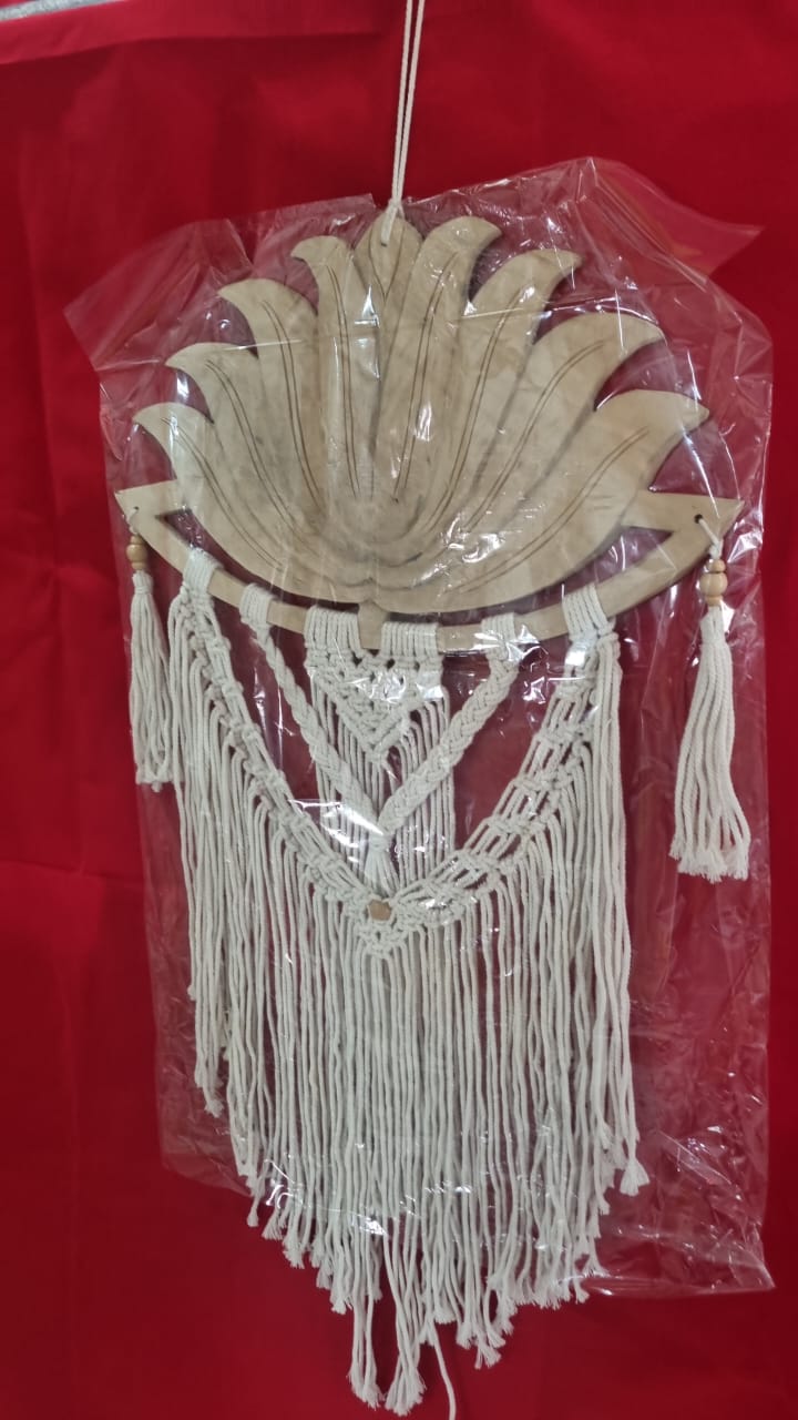 Artisan macrame wall hanging with carved wooden lotus frame, 40cm (15.75"), handmade boho décor for wholesale and custom bulk orders