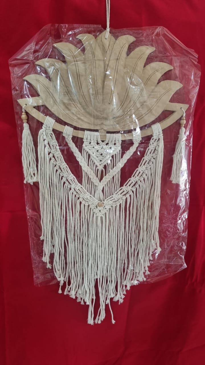 Artisan macrame wall hanging with carved wooden lotus frame, 40cm (15.75"), handmade boho décor for wholesale and custom bulk orders