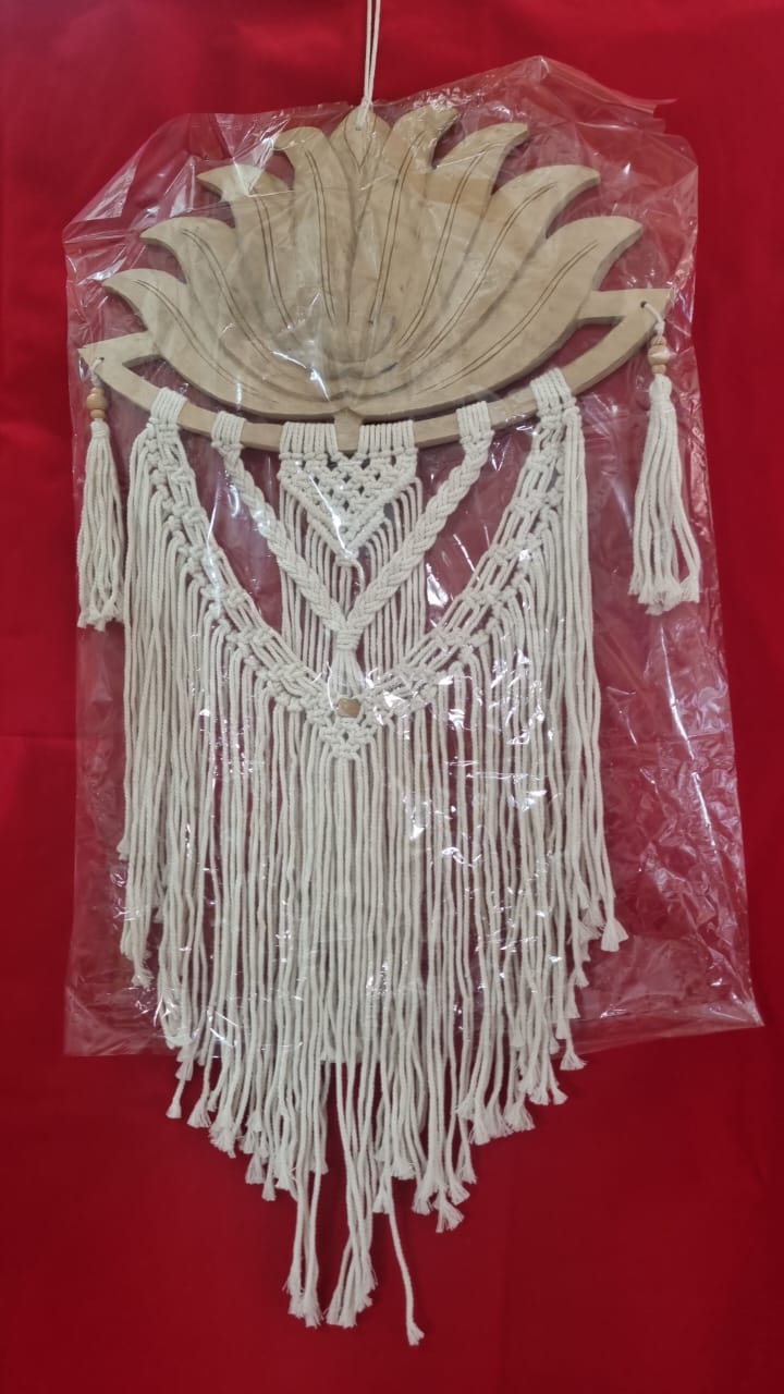 Artisan macrame wall hanging with carved wooden lotus frame, 40cm (15.75"), handmade boho décor for wholesale and custom bulk orders