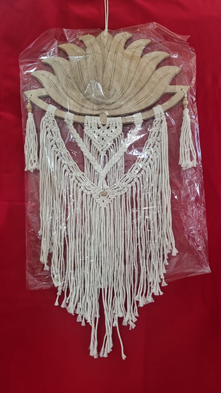 Artisan macrame wall hanging with carved wooden lotus frame, 40cm (15.75"), handmade boho décor for wholesale and custom bulk orders