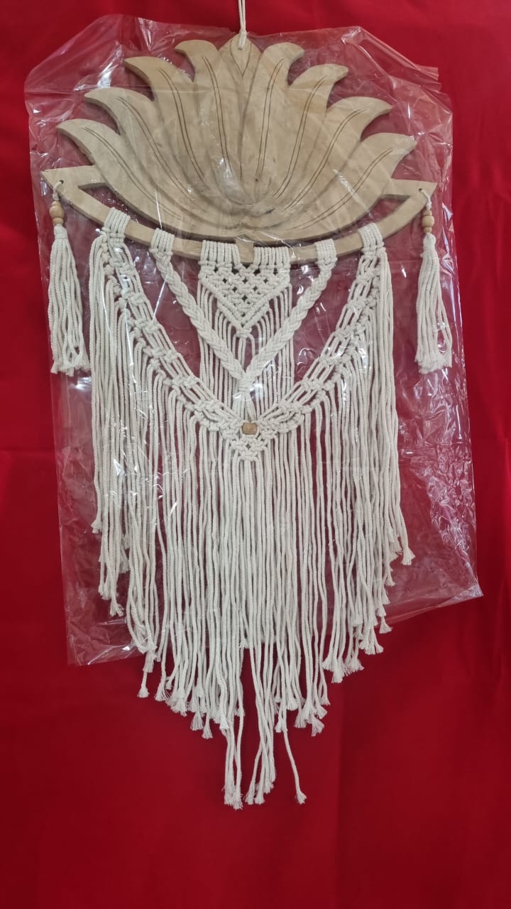 Artisan macrame wall hanging with carved wooden lotus frame, 40cm (15.75"), handmade boho décor for wholesale and custom bulk orders