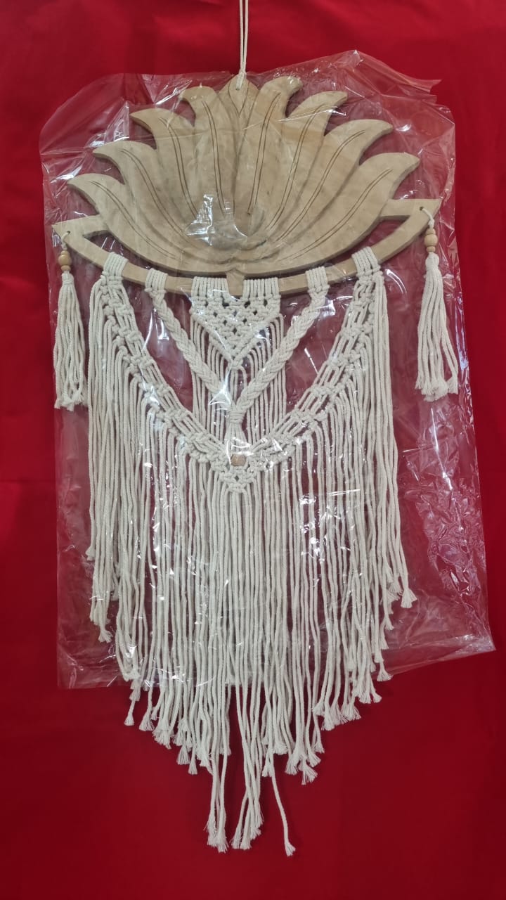Artisan macrame wall hanging with carved wooden lotus frame, 40cm (15.75"), handmade boho décor for wholesale and custom bulk orders