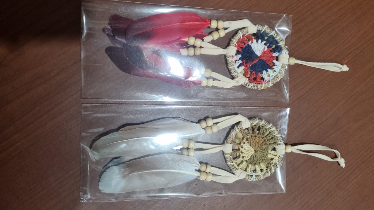Mini handmade dreamcatcher with cotton thread, agel fiber, colorful feathers, and wood beads – 6cm rustic boho wall or car décor