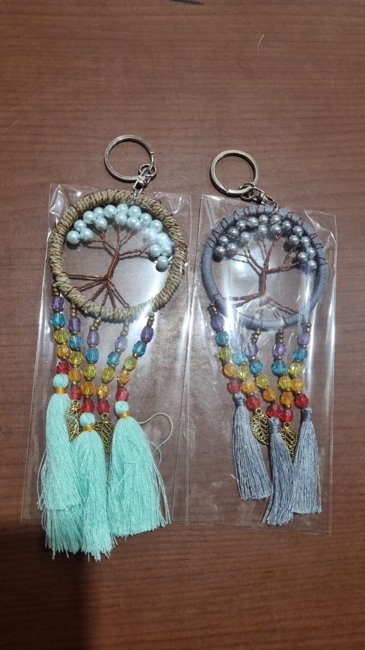 Boho handmade dreamcatcher keychain with tassels, rainbow beads, and Tree of Life design – perfect bag or car accessory