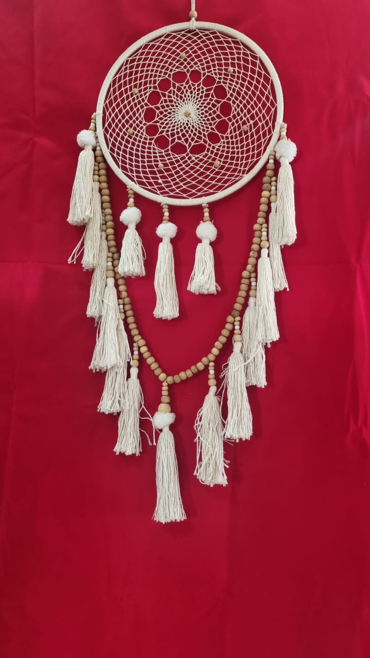 Handmade cotton macrame dreamcatcher with tassels and wooden beads, large wall hanging décor