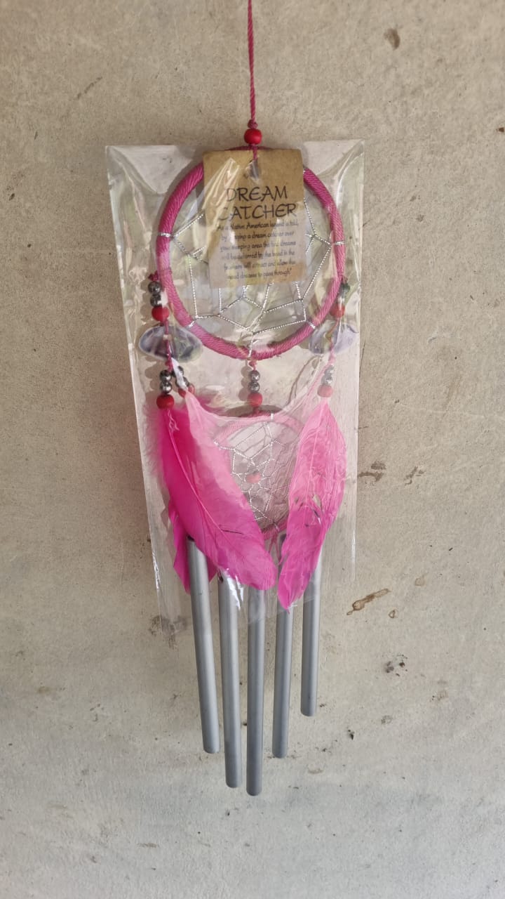 Handcrafted 9cm dreamcatcher with colorful feathers, beads, and aluminum wind chime tubes—ideal for boho decor or gifting