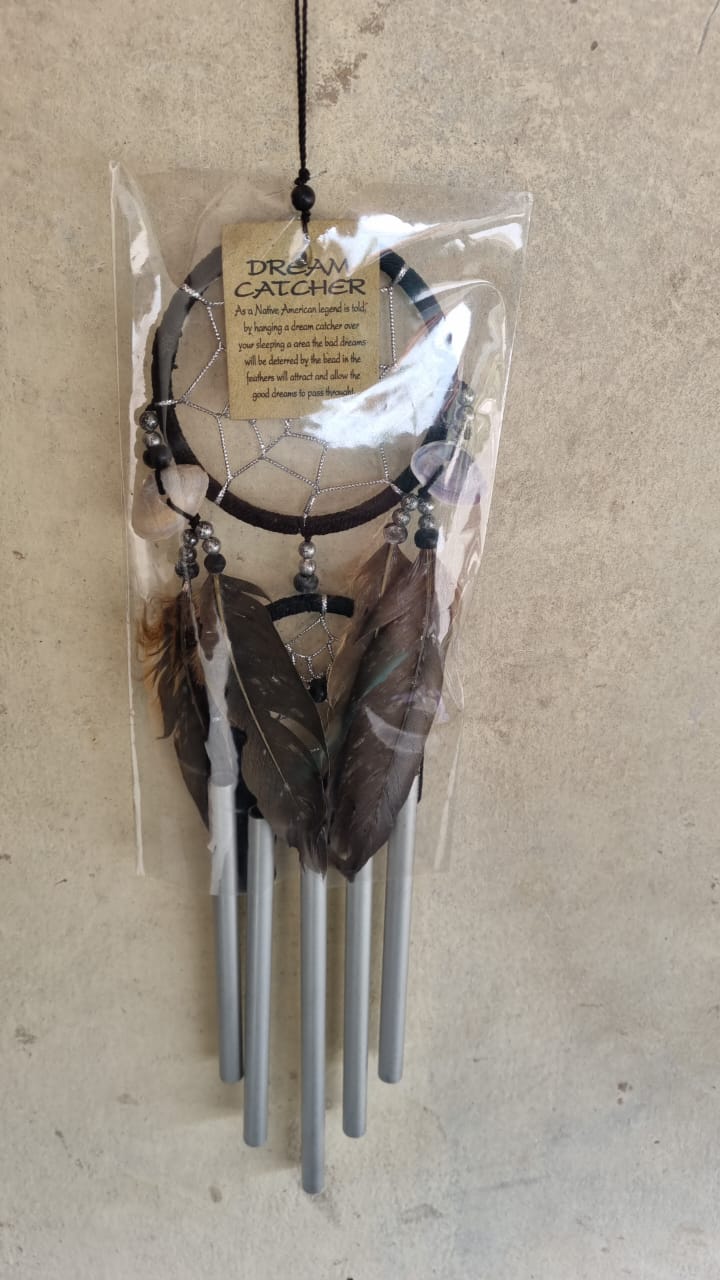 Handcrafted 9cm dreamcatcher with colorful feathers, beads, and aluminum wind chime tubes—ideal for boho decor or gifting