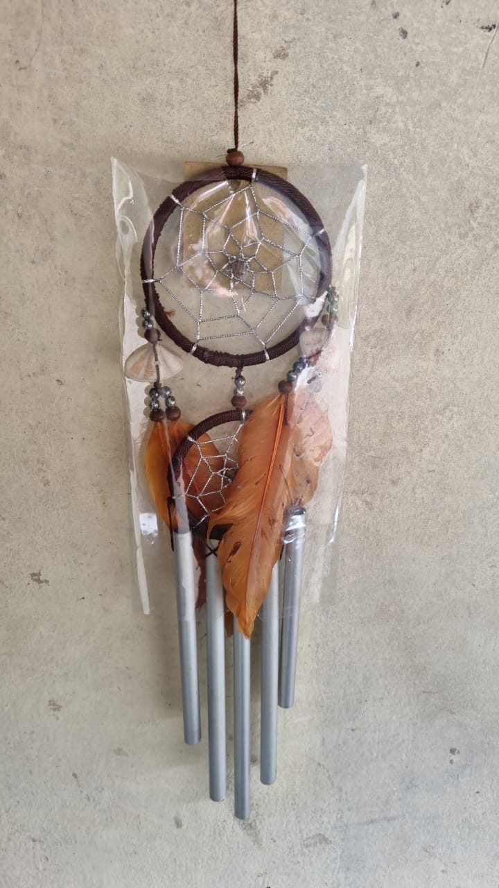 Handcrafted 9cm dreamcatcher with colorful feathers, beads, and aluminum wind chime tubes—ideal for boho decor or gifting