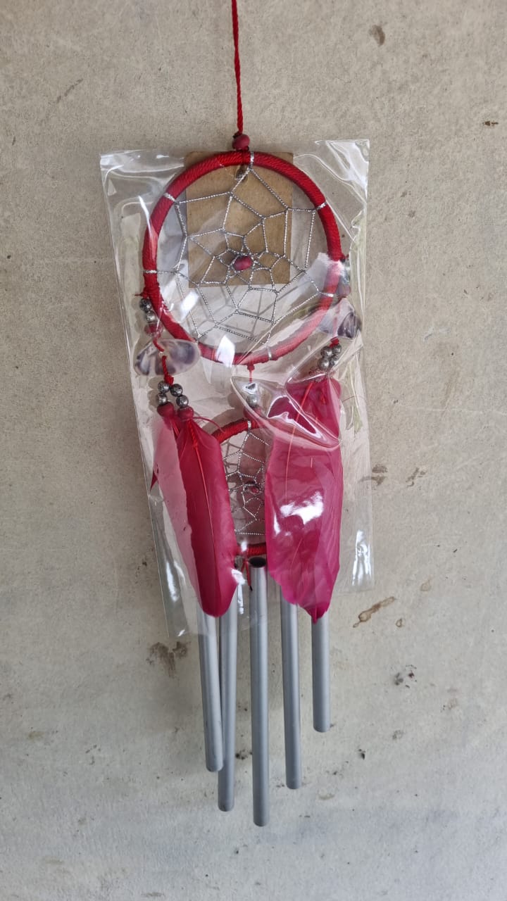Handcrafted 9cm dreamcatcher with colorful feathers, beads, and aluminum wind chime tubes—ideal for boho decor or gifting
