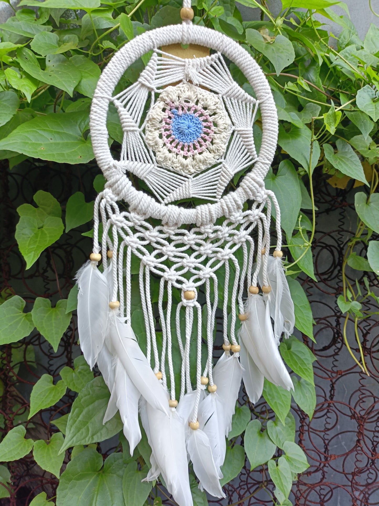 Spider Web Crochet Dreamcatcher Wooden Beads and Feathers