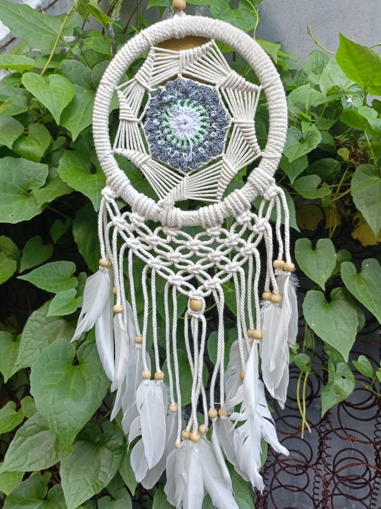 Handcrafted 16cm Spider Web Dreamcatcher - Wooden Frame with Evil Eye & Feathers