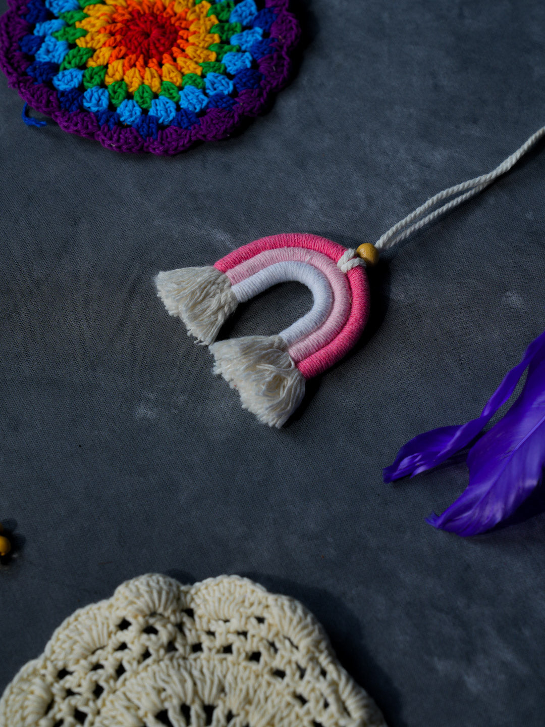 Mini Macrame Rainbow Ornament – Handmade Cotton Decor