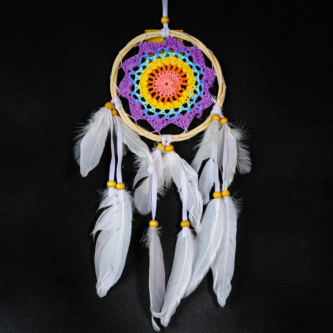 Crochet Mandala Dreamcatcher 12 cm | 30 cm Length – White Feather Boho Décor | Wholesale & Custom Colours