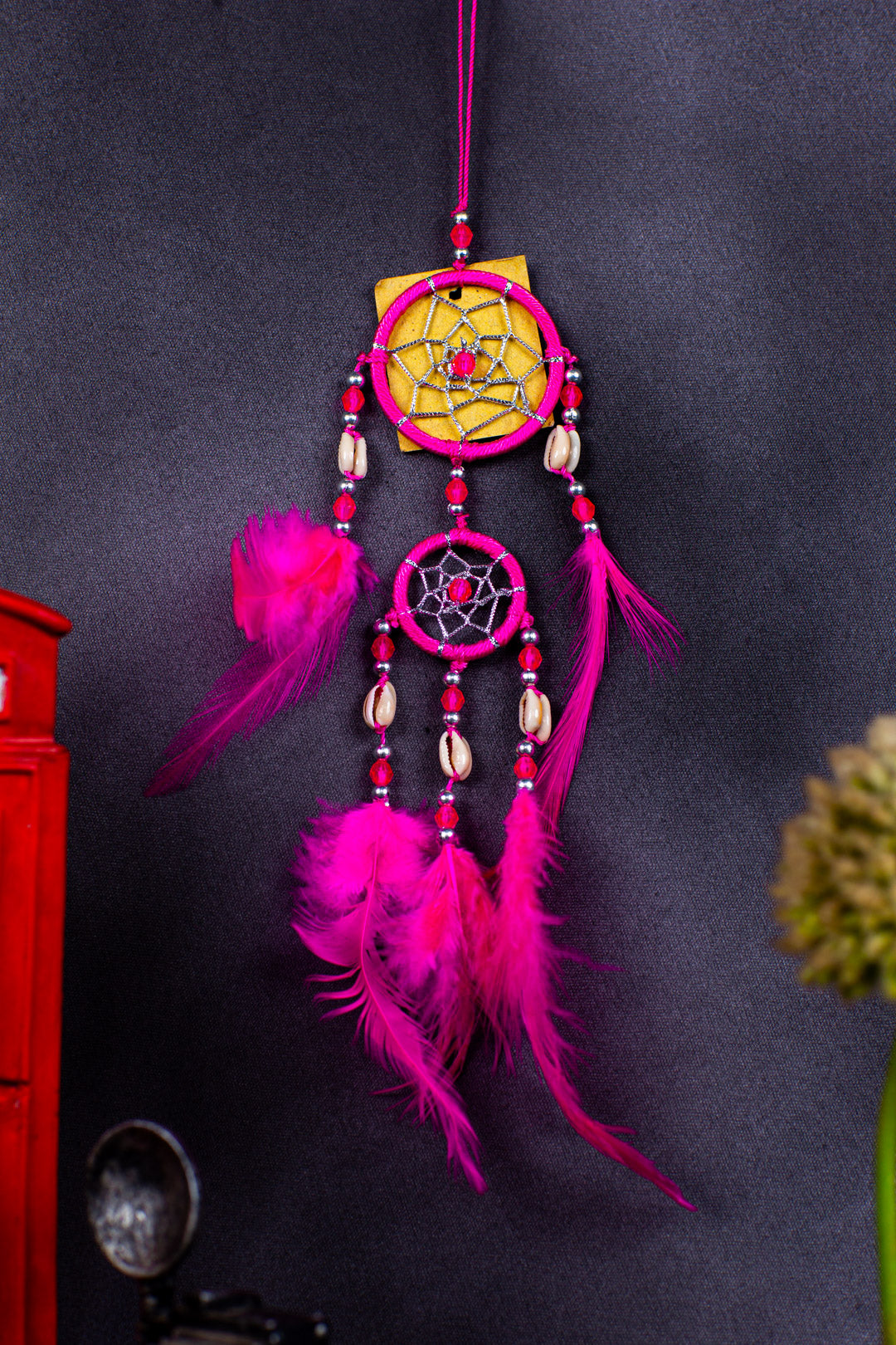 Handmade Boho Dreamcatcher – Double Ring Wall Hanging (30cm) with Feathers & Shells – Rainbow, White, or Green