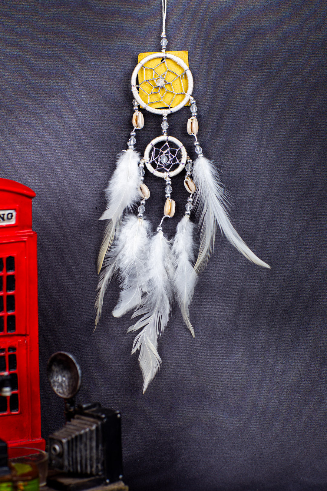 Handmade Boho Dreamcatcher – Double Ring Wall Hanging (30cm) with Feathers & Shells – Rainbow, White, or Green