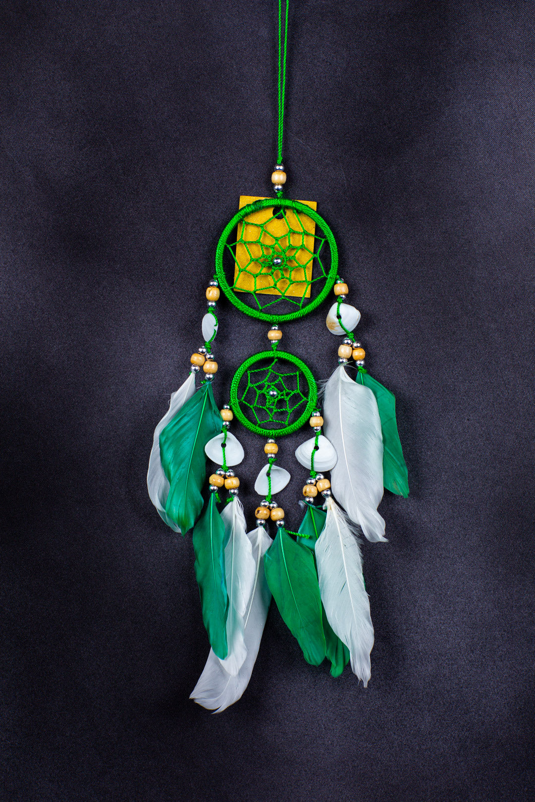 Handmade Boho Dreamcatcher – Double Ring Wall Hanging (30cm) with Feathers & Shells – Rainbow, White, or Green
