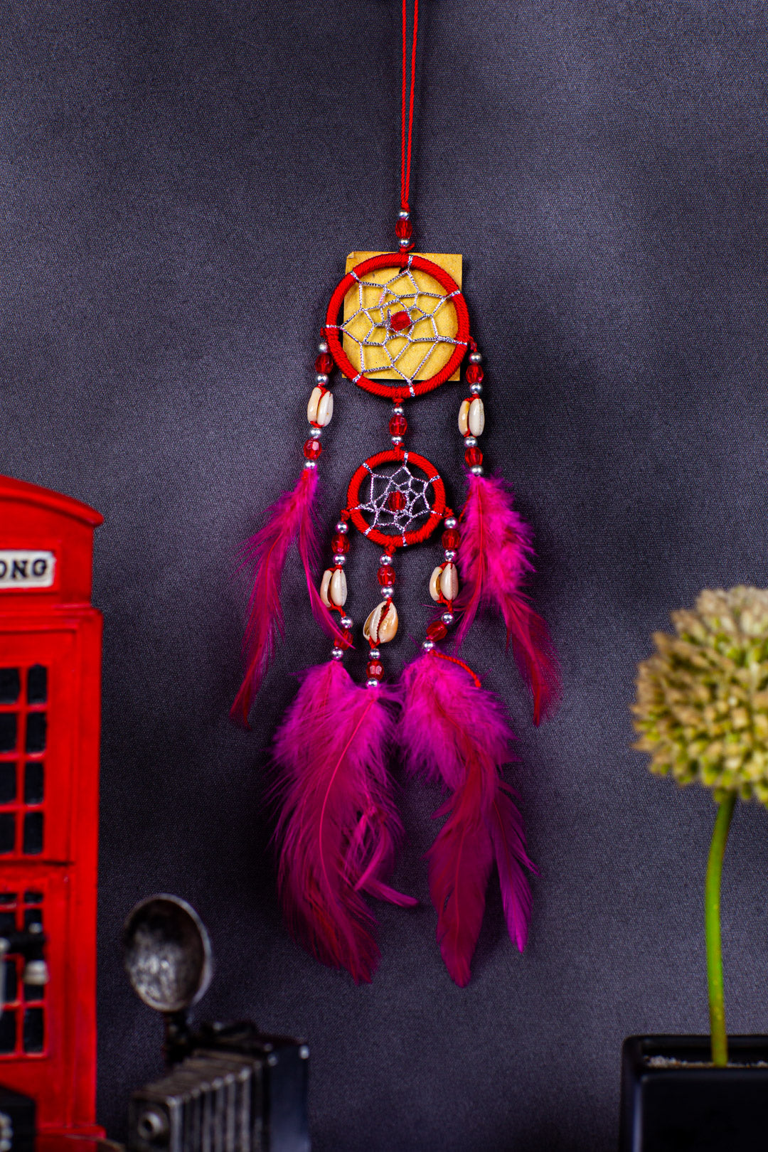 Handmade Boho Dreamcatcher – Double Ring Wall Hanging (30cm) with Feathers & Shells – Rainbow, White, or Green