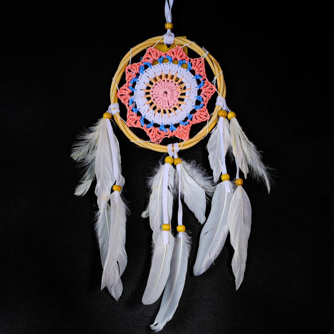 Crochet Mandala Dreamcatcher 12 cm | 30 cm Length – White Feather Boho Décor | Wholesale & Custom Colours